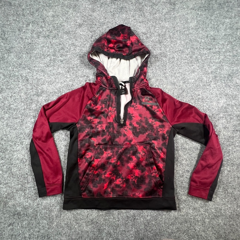 Russell Fleece Hoodie Boys L 10-12 Red Black Tie Dye Half Zip Kangaroo Pockets